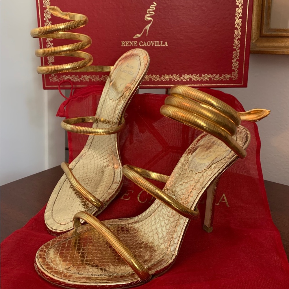 Renee Cavovilla Heels Gold Snake-Skin ankle wrap